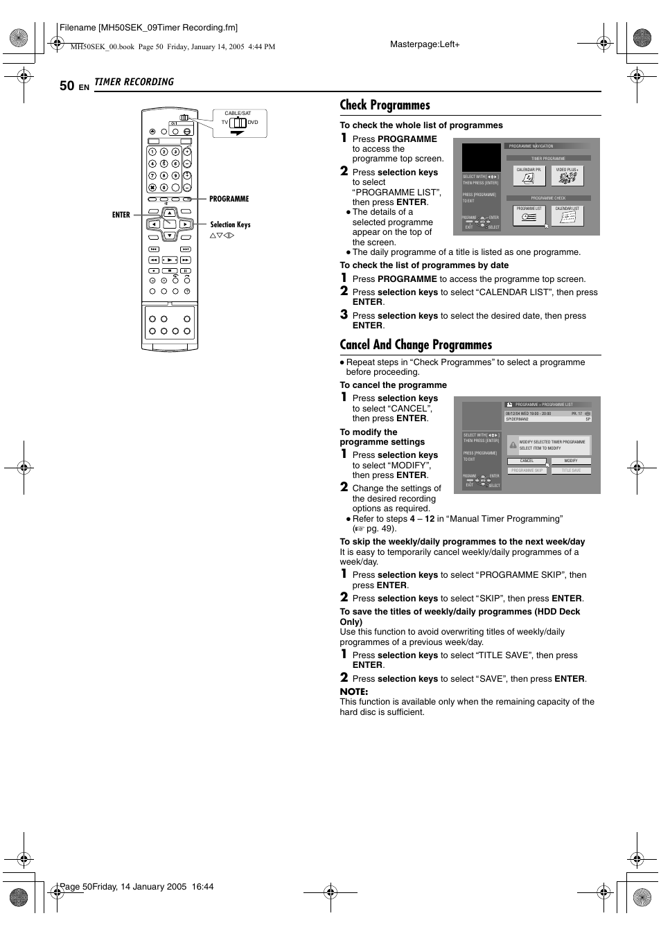 A pg. 50), Check programmes, Cancel and change programmes | Timer recording | JVC LPT1029-001A User Manual | Page 50 / 92
