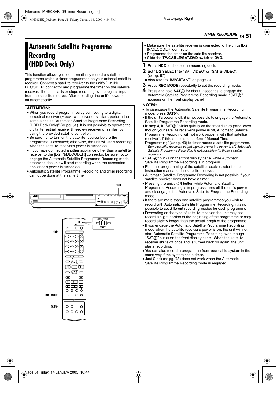 Automatic satellite programme recording, Hdd deck only), De (a pg. 51), sl | A pg. 51, A pg. 51) is perf | JVC LPT1029-001A User Manual | Page 51 / 92