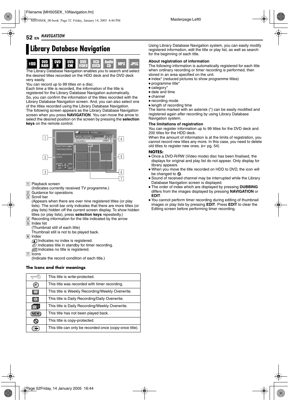 Navigation, Library database navigation, Navigation 52 | A pg. 52, Tomatically recorded. (a pg. 52) t, Pg. 52) | JVC LPT1029-001A User Manual | Page 52 / 92