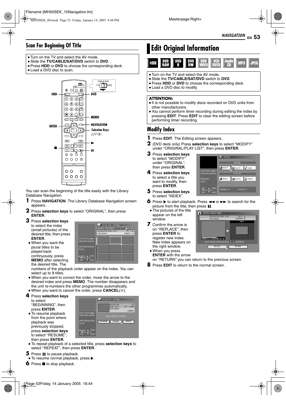 Edit original information, A pg. 53, 57, A pg. 53 | A pg. 53), Scan for beginning of title, Modify index, Navigation | JVC LPT1029-001A User Manual | Page 53 / 92