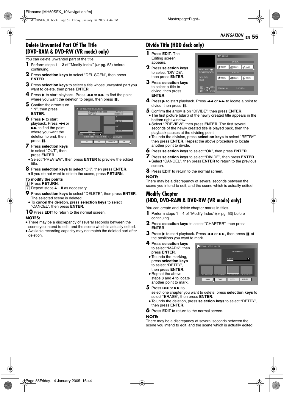 Divide title (hdd deck only), Navigation | JVC LPT1029-001A User Manual | Page 55 / 92