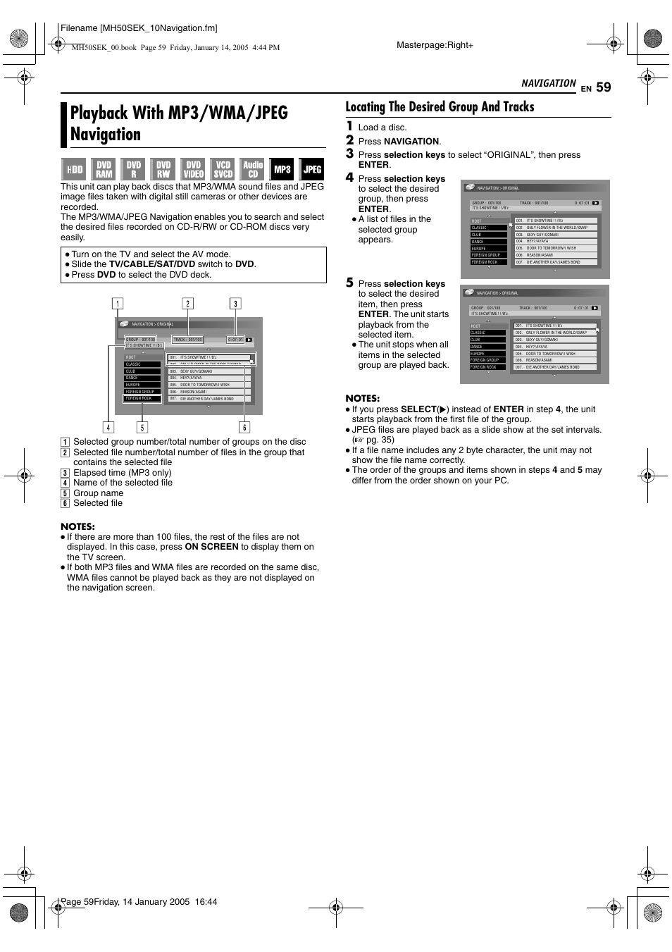 Playback with mp3/wma/jpeg navigation, A pg. 59, Aplayback with mp3/wma | Jpeg navigation, B (a pg. 59), Locating the desired group and tracks, Navigation, Masterpage:right, Filename [mh50sek_10navigation.fm, Load a disc | JVC LPT1029-001A User Manual | Page 59 / 92