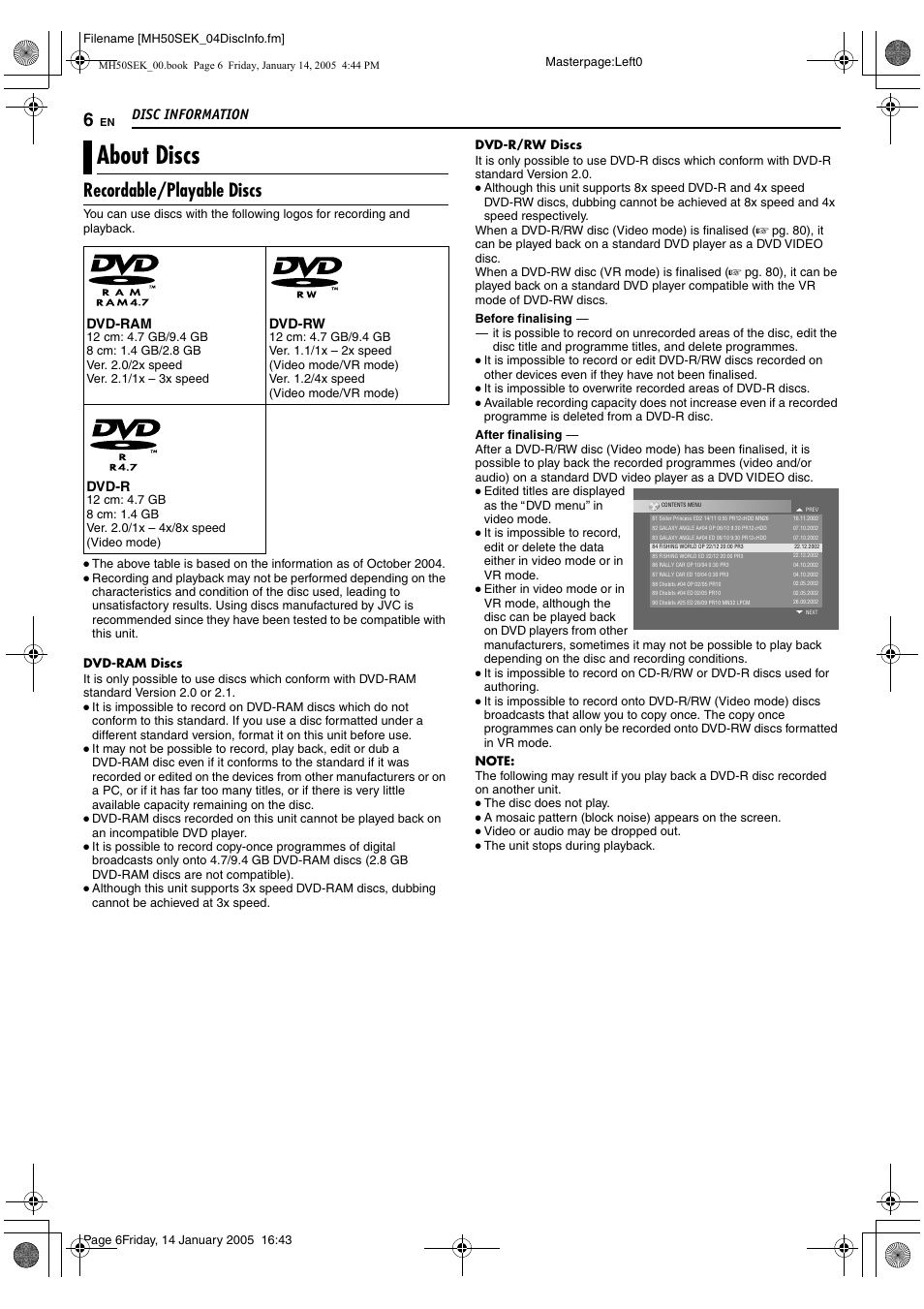 Disc information, About discs, Recordable/playable discs | Dvd-ram, Dvd-rw, Dvd-r | JVC LPT1029-001A User Manual | Page 6 / 92