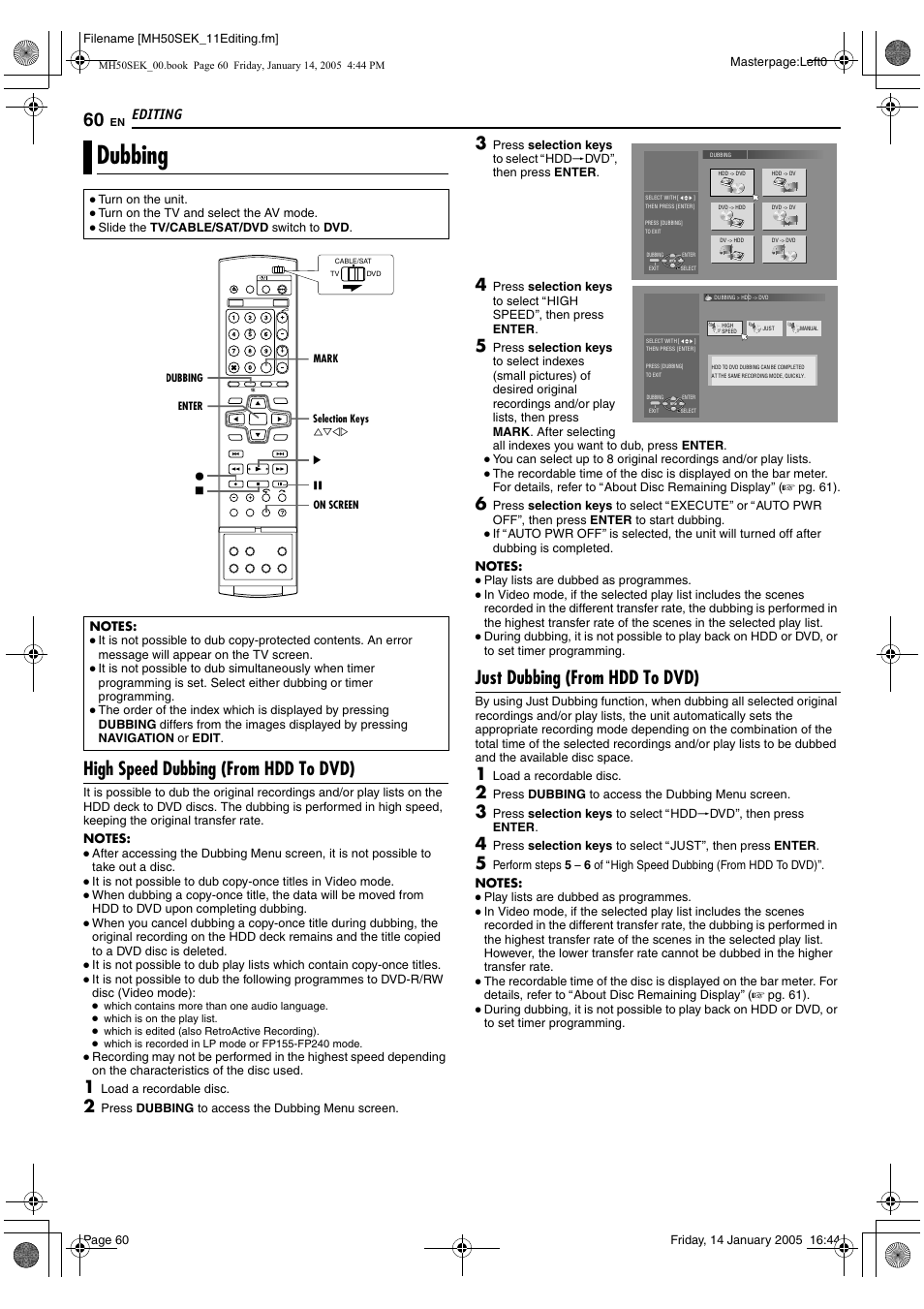 Editing, Dubbing, A pg. 60 | A pg. 60), High speed dubbing (from hdd to dvd), Just dubbing (from hdd to dvd) | JVC LPT1029-001A User Manual | Page 60 / 92