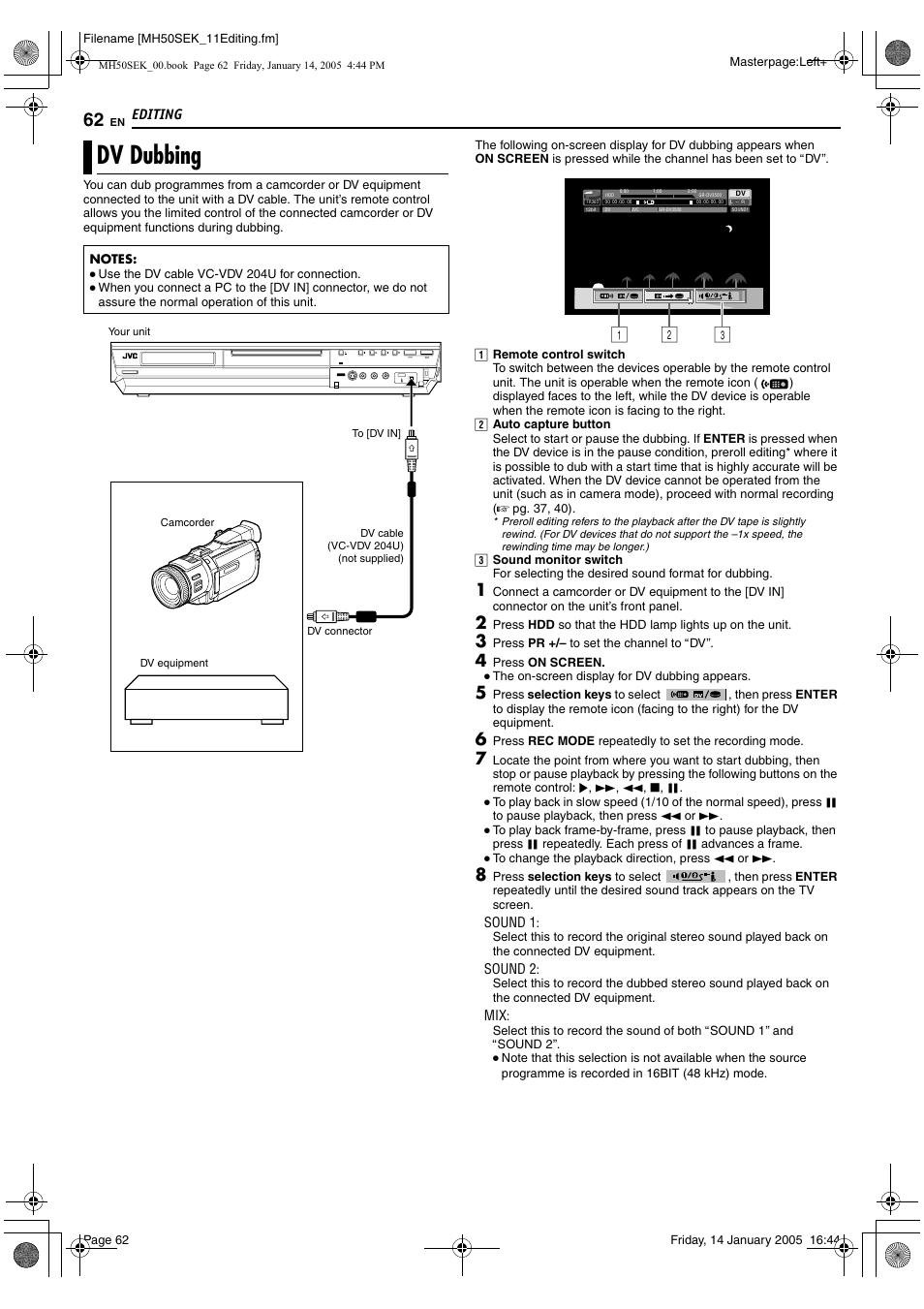 Dv dubbing, A pg. 62, T. (a pg. 62 | Adv dubbingb), A pg. 62), Ab c, Editing | JVC LPT1029-001A User Manual | Page 62 / 92