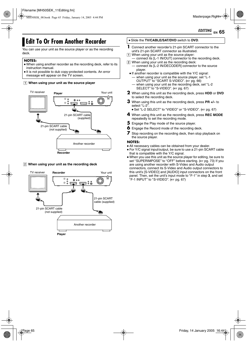 Edit to or from another recorder | JVC LPT1029-001A User Manual | Page 65 / 92