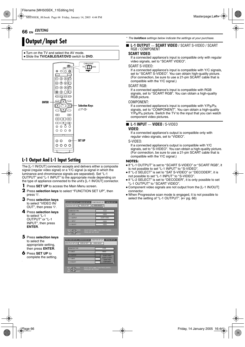 Output/input set, A pg. 66), L-1 output and l-1 input setting | Editing, L-1 output, Scart video, L-1 input, Video, Scart s-video / scart rgb / component, Scart s-video | JVC LPT1029-001A User Manual | Page 66 / 92