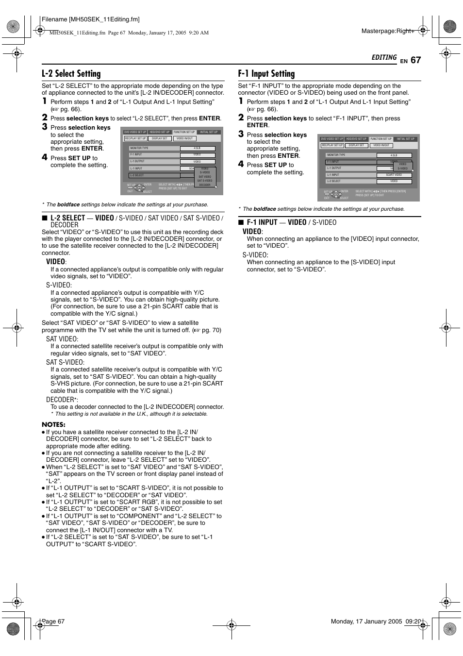 A pg. 67), L-2 select setting, F-1 input setting | Editing, L-2 select, Video, F-1 input, S-video, Sat video, Sat s-video | JVC LPT1029-001A User Manual | Page 67 / 92