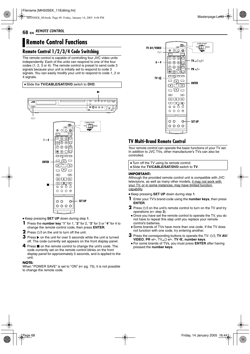 Remote control, Remote control functions, A pg. 68 | A pg. 68), Remote control 1/2/3/4 code switching, Tv multi-brand remote control | JVC LPT1029-001A User Manual | Page 68 / 92