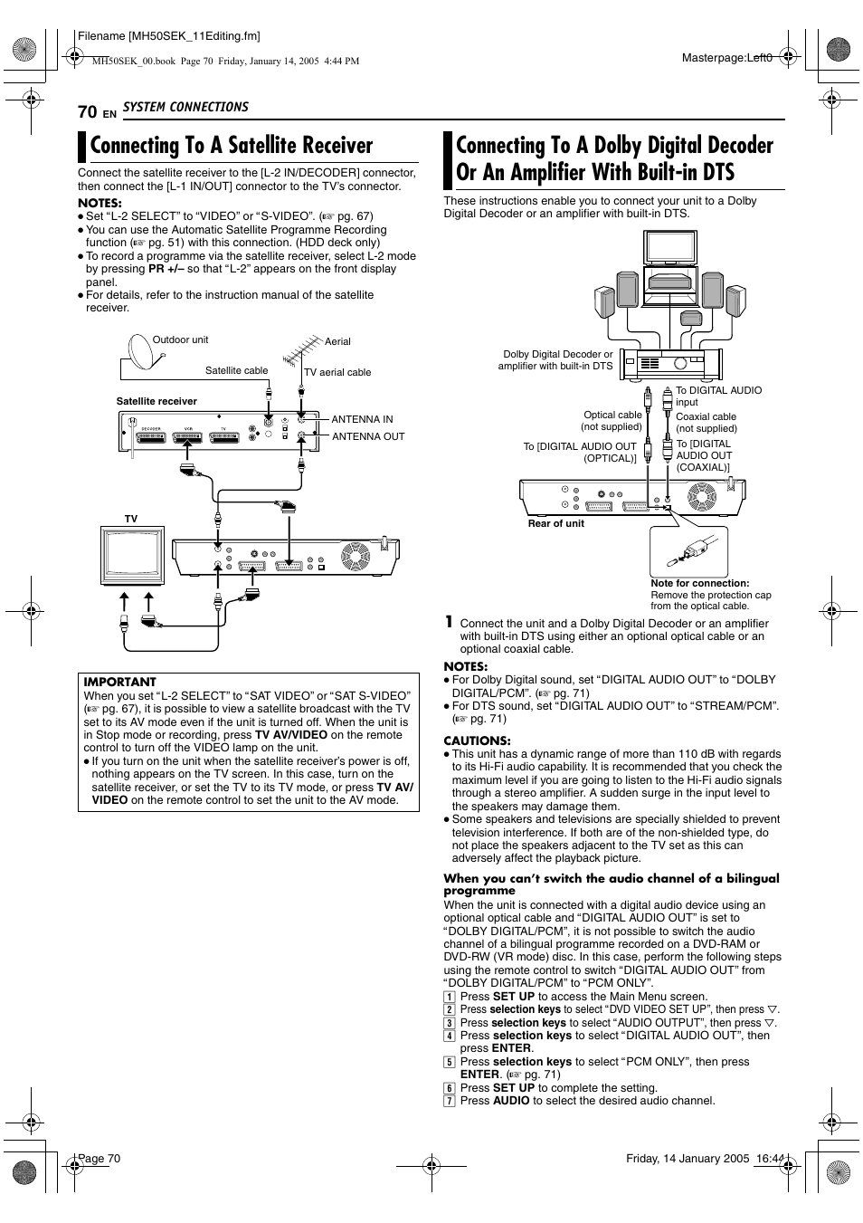System connections, With built-in dts, Vr mode) disc. (a pg. 70) in | R to, Aimportantb on p, A pg. 70), Connecting to a satellite receiver | JVC LPT1029-001A User Manual | Page 70 / 92
