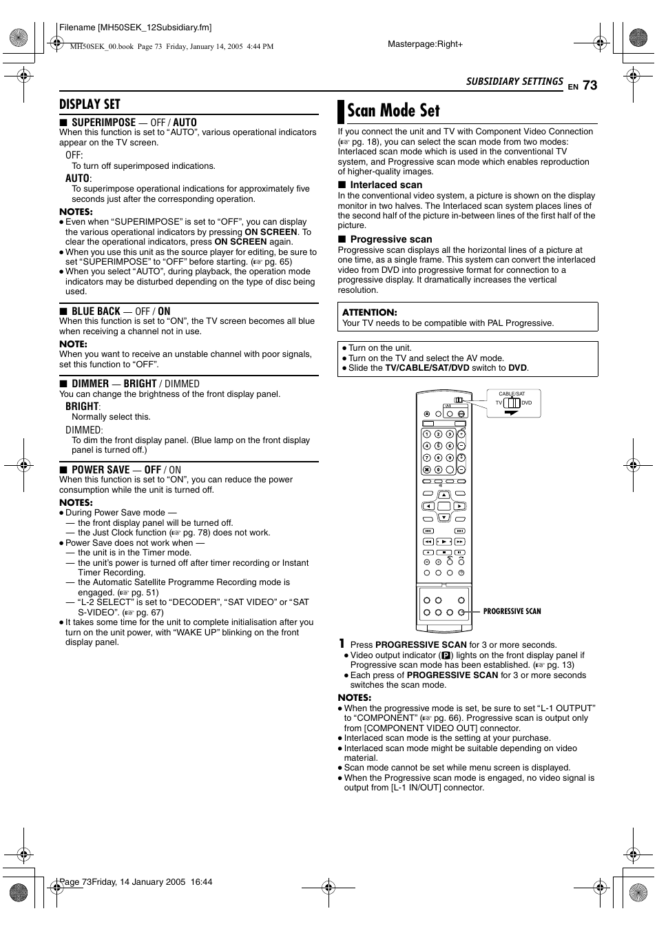 Scan mode set, A pg. 73, Ascan mode setb (a pg. 73) | Chosen. (a pg. 73), A pg. 73), Ting. (a pg. 73) if, A pg. 73), it, Display set | JVC LPT1029-001A User Manual | Page 73 / 92