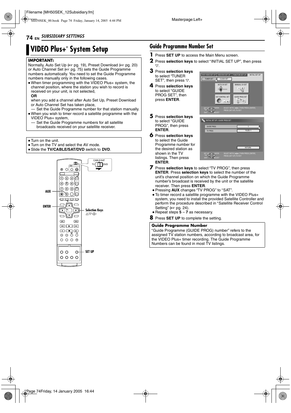 Video plus+r system setup, Video plus, System setup | Guide programme number set, Subsidiary settings | JVC LPT1029-001A User Manual | Page 74 / 92