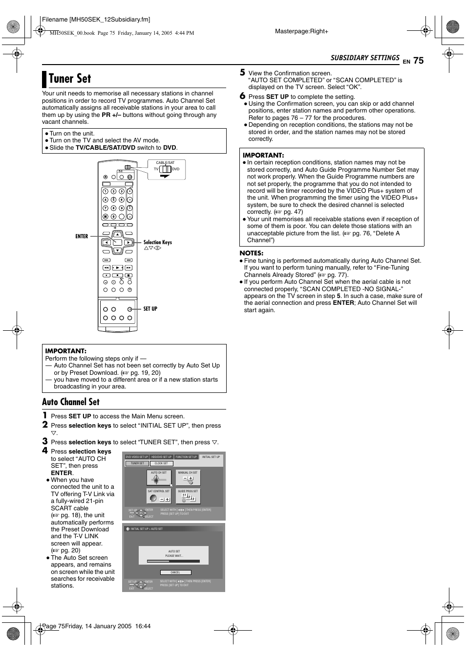 Tuner set, Ner setting (a pg. 75), Setting. (a pg. 75) | Ed (a pg. 75), A pg. 75), Hannel set (a pg. 75) sets the guid, Auto channel set, Subsidiary settings | JVC LPT1029-001A User Manual | Page 75 / 92