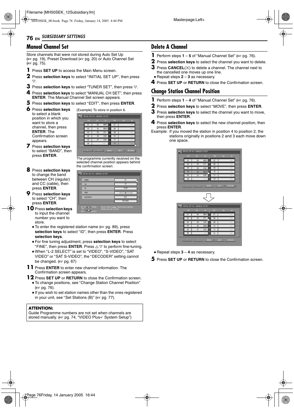 A pg. 76, Adelete a channelb), The list. (a pg. 76 | Adelete a, Channel, Manual channel set, Delete a channel, Change station channel position, Subsidiary settings | JVC LPT1029-001A User Manual | Page 76 / 92