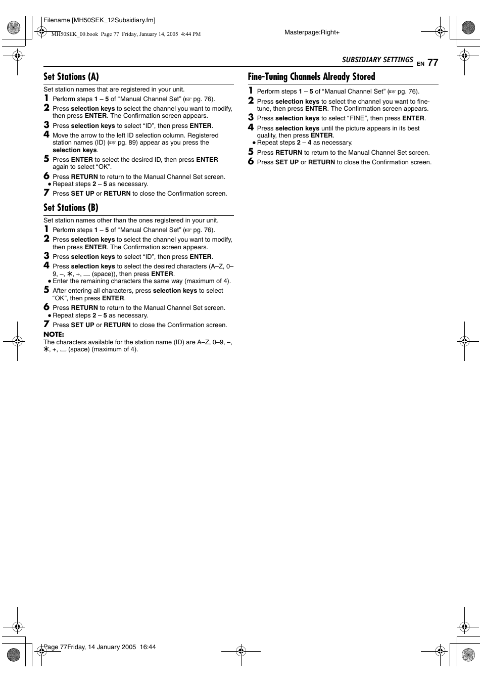 A pg. 77), R to, Afine-tuning | Channels already stored, B (a pg. 77), Aset stations (b)b (a pg. 77), Set stations (a), Set stations (b), Fine-tuning channels already stored | JVC LPT1029-001A User Manual | Page 77 / 92