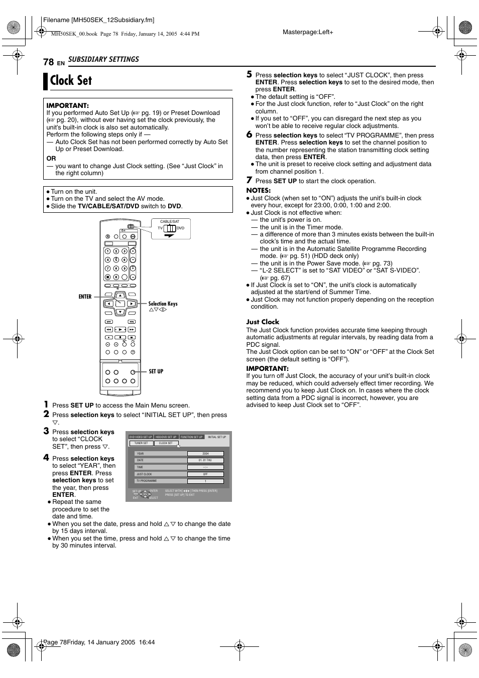 Clock set, A pg. 78), K setting (a pg. 78) | Aclock setb (a pg. 78), K (a pg. 78) doe, K function (a pg. 78) d, Subsidiary settings | JVC LPT1029-001A User Manual | Page 78 / 92