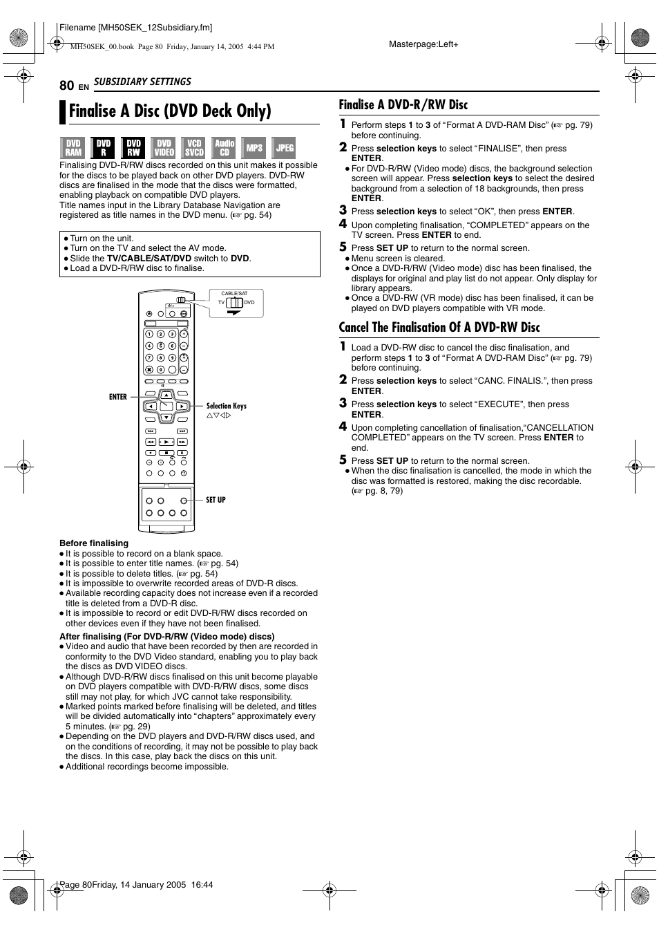 Finalise a disc (dvd deck only), Afinalise a disc (dvd deck, Only) | B (a pg. 80), Finalise a dvd-r/rw disc, Cancel the finalisation of a dvd-rw disc | JVC LPT1029-001A User Manual | Page 80 / 92