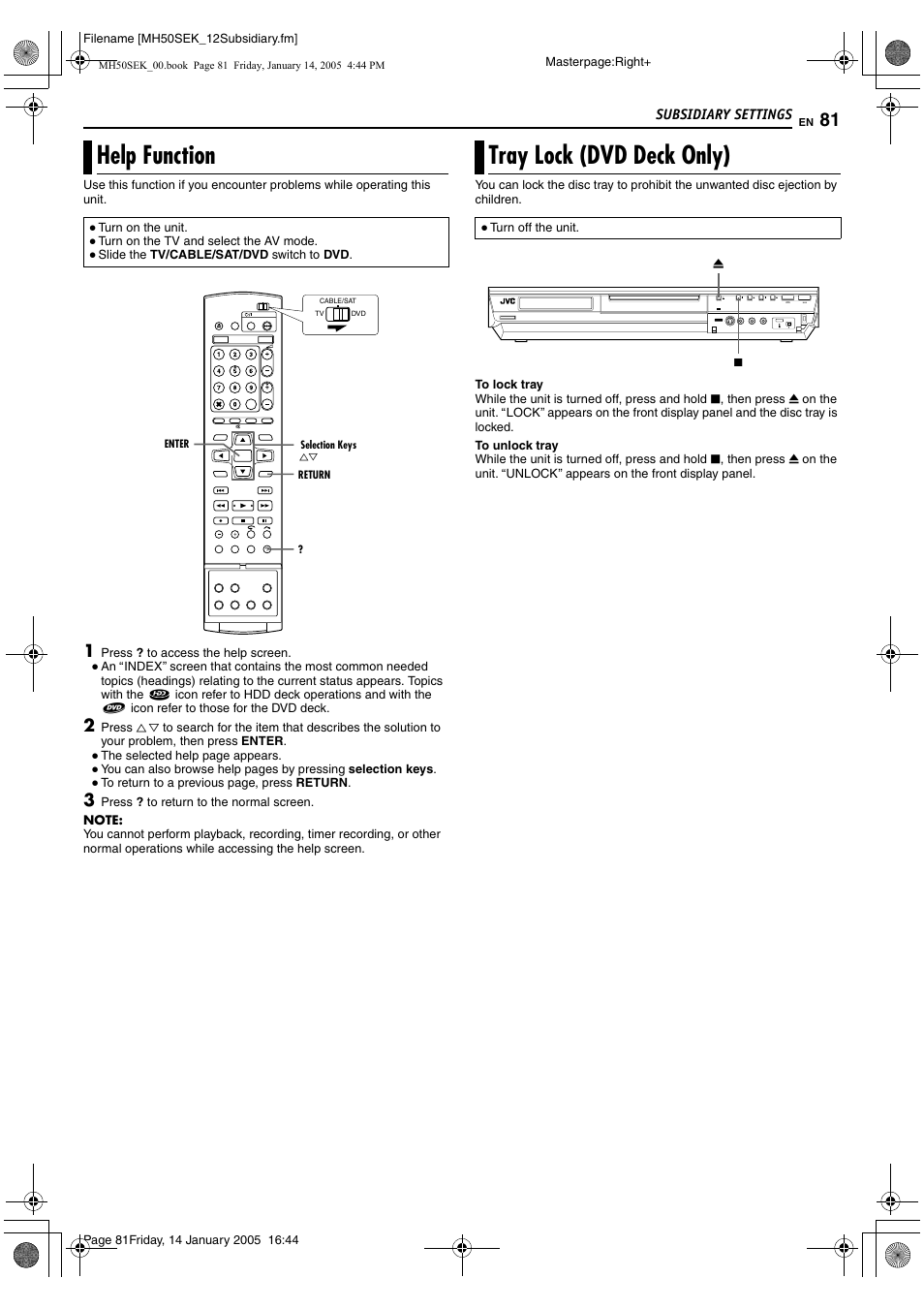 Help function, Tray lock (dvd deck only), Help function tray lock (dvd deck only) | A pg. 81 | JVC LPT1029-001A User Manual | Page 81 / 92