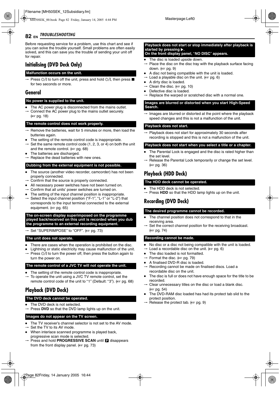 Troubleshooting, Initialising (dvd deck only), General | Playback (dvd deck), Playback (hdd deck), Recording (dvd deck) | JVC LPT1029-001A User Manual | Page 82 / 92