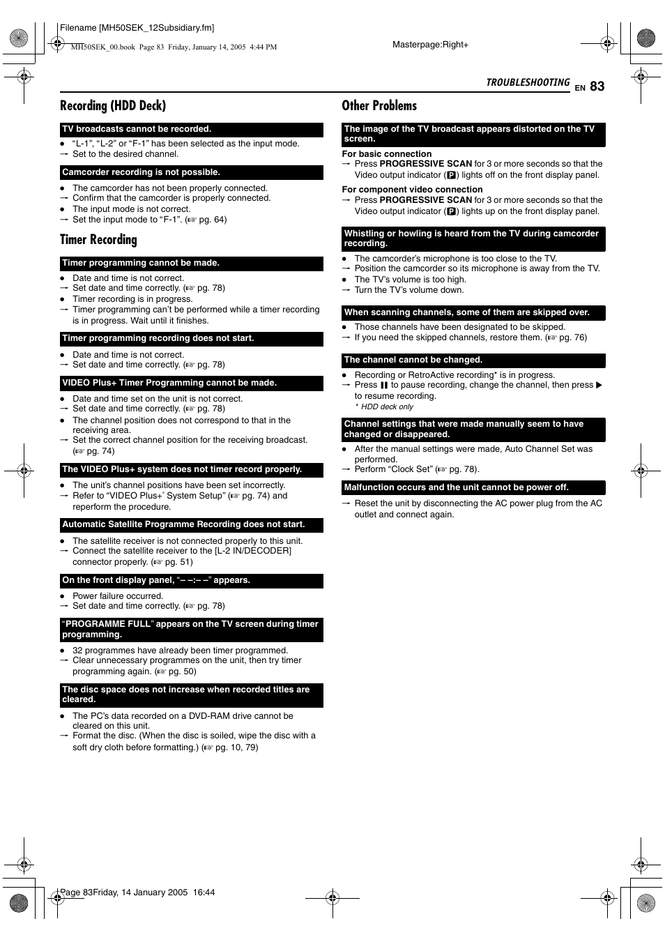 Recording (hdd deck), Timer recording, Other problems | JVC LPT1029-001A User Manual | Page 83 / 92