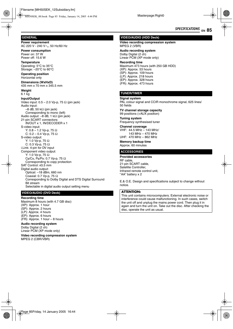 Specifications | JVC LPT1029-001A User Manual | Page 85 / 92