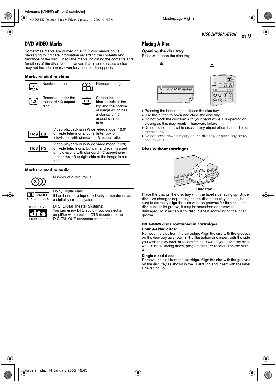 Dvd video marks, Placing a disc, Disc information | Video hdd video dvd pull - op en | JVC LPT1029-001A User Manual | Page 9 / 92