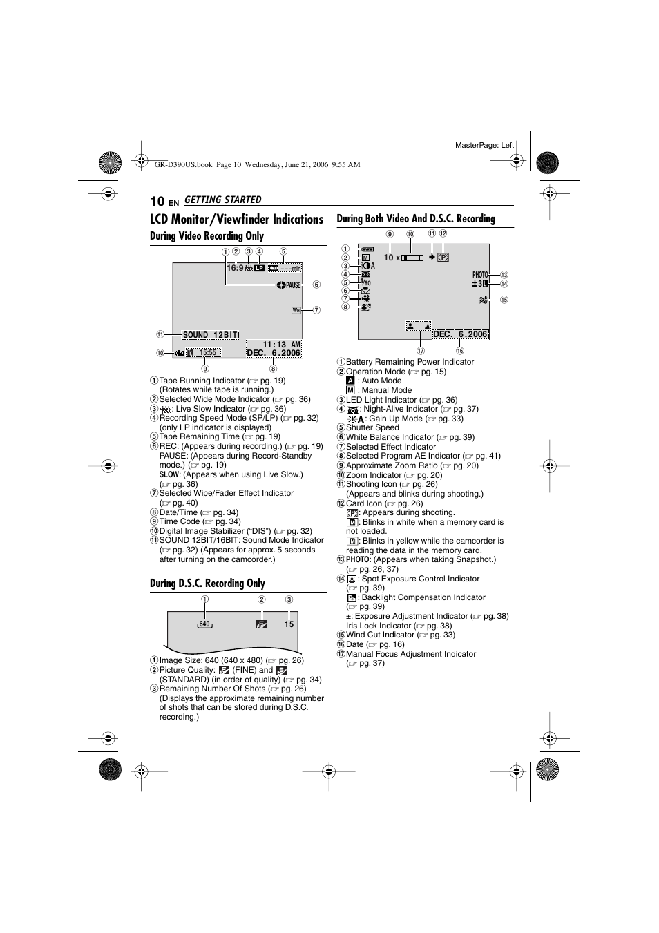 Lcd monitor/viewfinder indications, During video recording only, During d.s.c. recording only | During both video and d.s.c. recording | JVC 0206ASR-NF-VM User Manual | Page 10 / 56