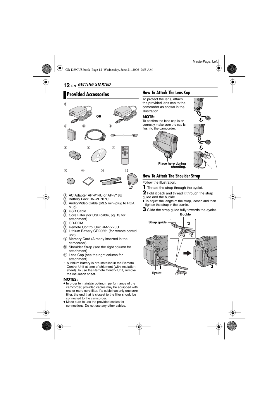 Provided accessories, Elet (੬ pg. 12), How to attach the lens cap | How to attach the shoulder strap | JVC 0206ASR-NF-VM User Manual | Page 12 / 56