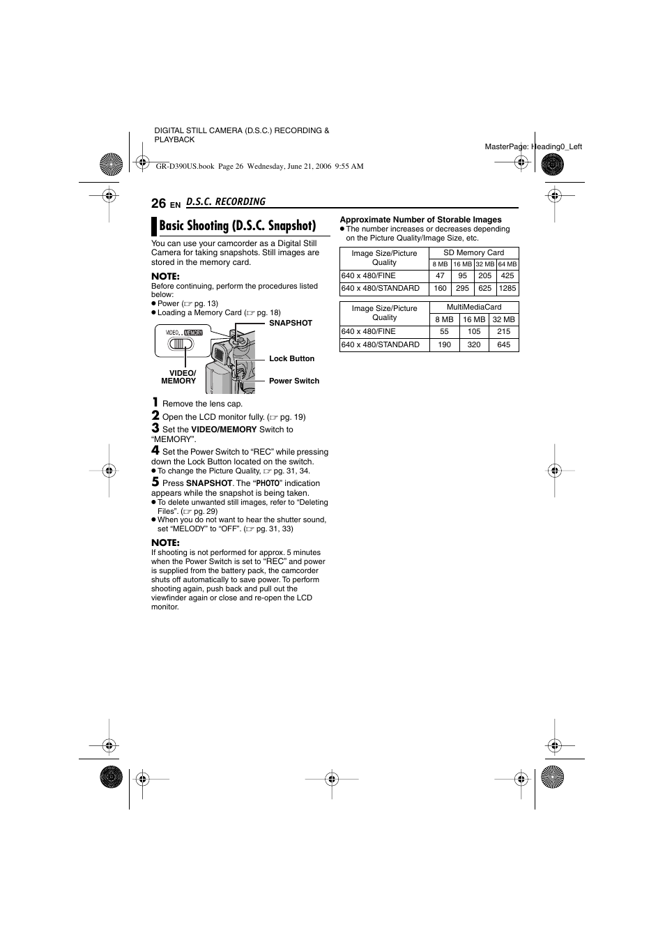 Digital still camera (d.s.c.) recording & playback, D.s.c. recording, Digital still camera (d.s.c.) recording | Playback, Basic shooting (d.s.c. snapshot), Pg. 26, 37), 640 (640 x 480), Pg. 26), Shooting icon, Card icon | JVC 0206ASR-NF-VM User Manual | Page 26 / 56
