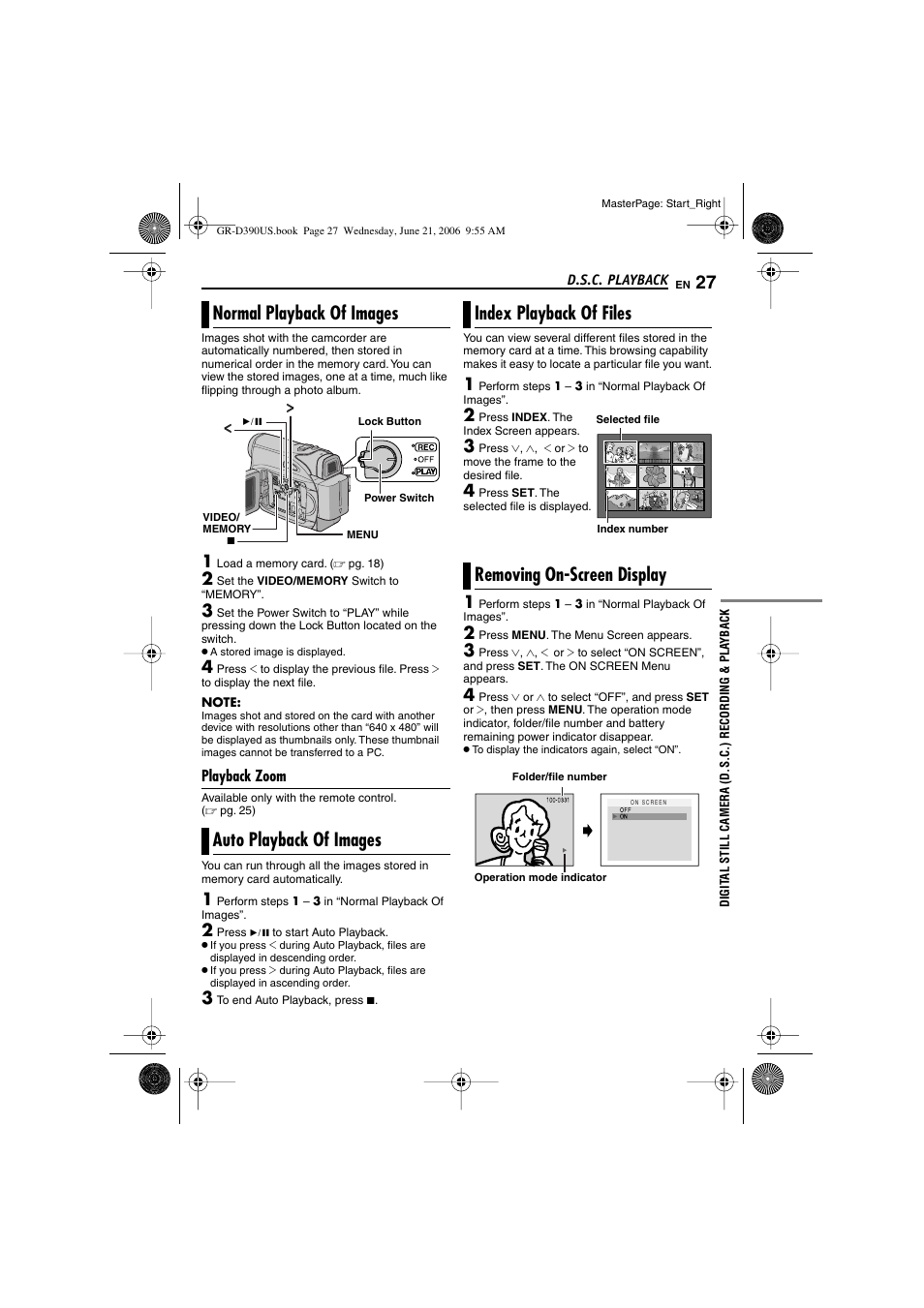 D.s.c. playback, Normal playback of images, 27 auto playback of images | 27 index playback of files, 27 removing on-screen display, X button [index, Pg. 27), Older/file number, Ation mode indicator, Card | JVC 0206ASR-NF-VM User Manual | Page 27 / 56