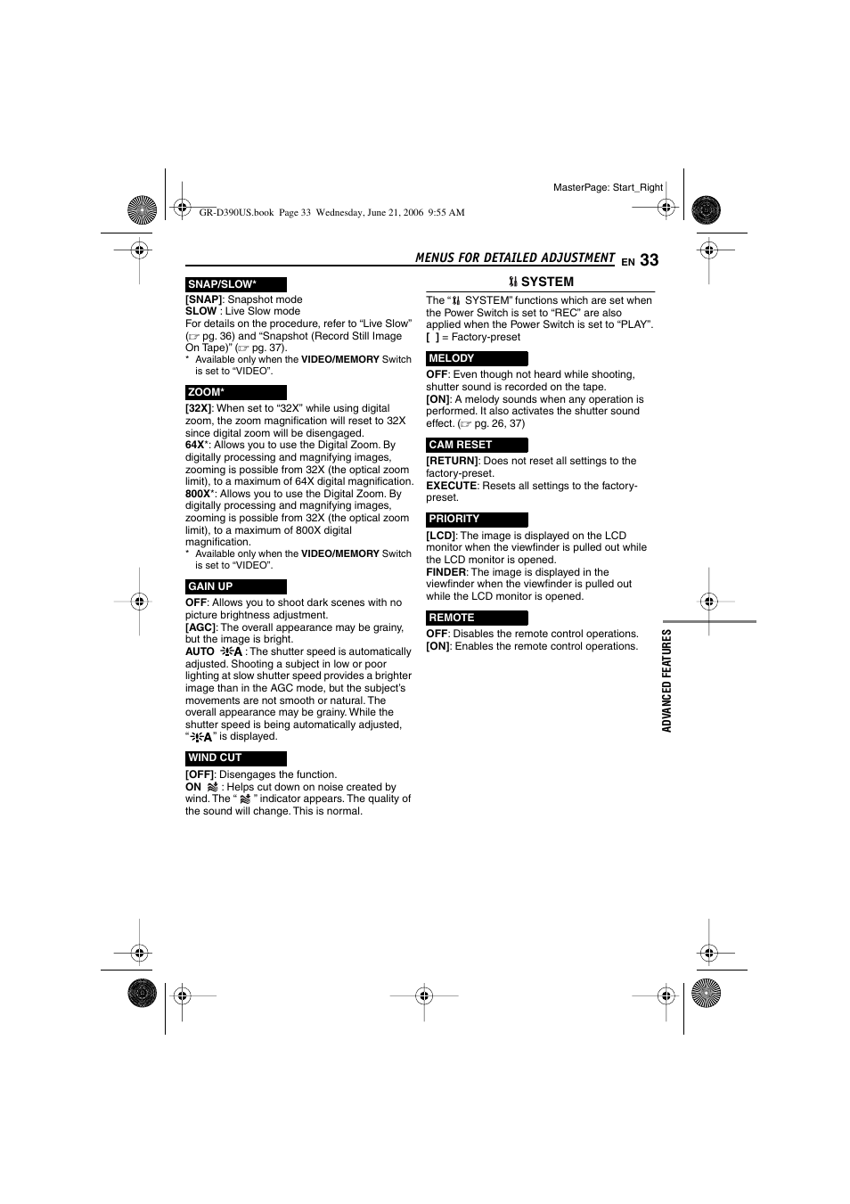 W button, Pg. 33, 36), Gain up mode | Pg. 33), Wind cut indicator, System | JVC 0206ASR-NF-VM User Manual | Page 33 / 56
