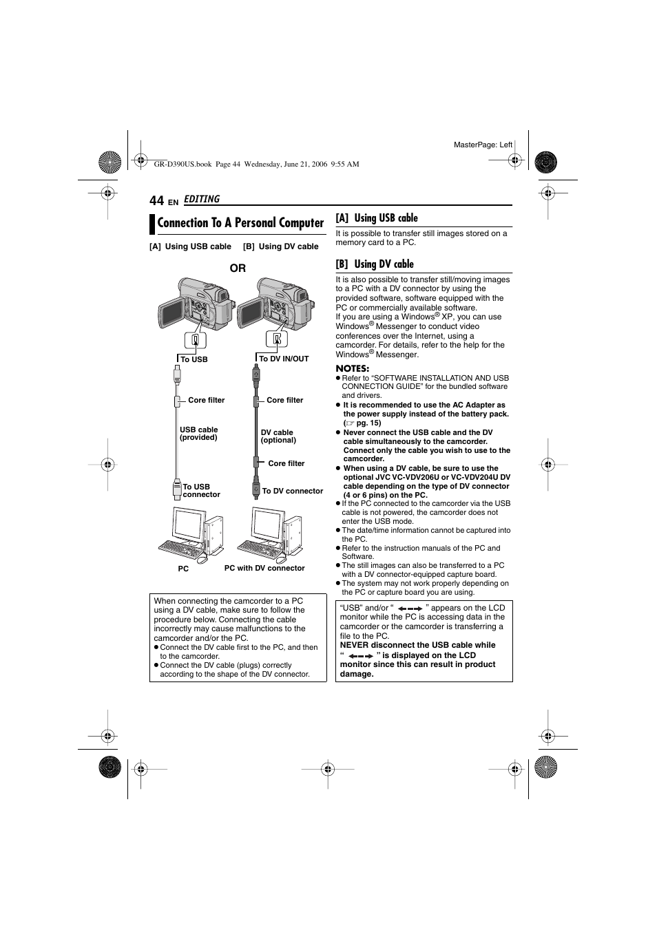 Connection to a personal computer, Pg. 44), A] using usb cable | B] using dv cable | JVC 0206ASR-NF-VM User Manual | Page 44 / 56