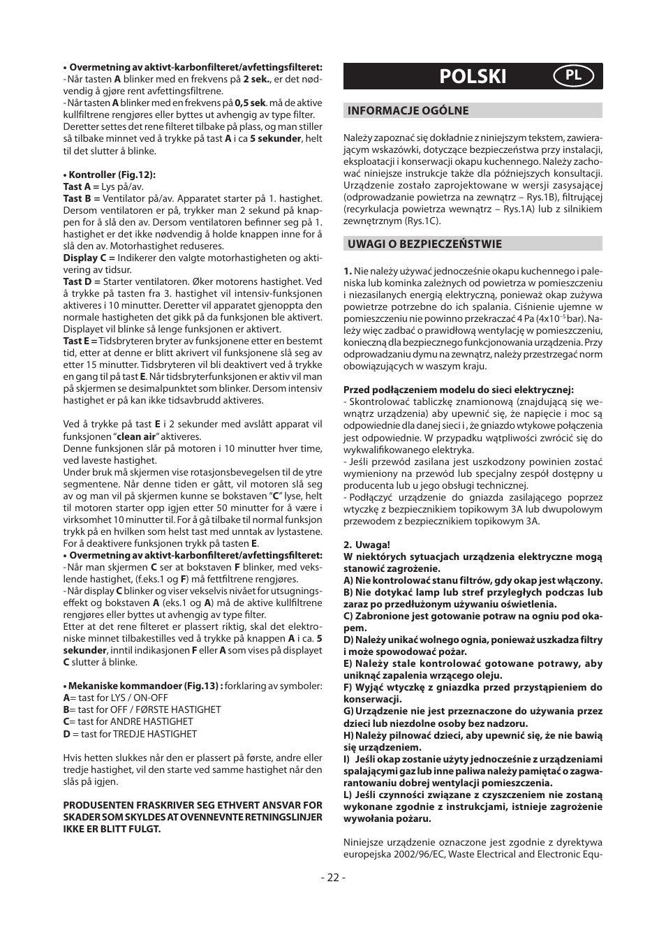 Polski | DeLonghi KD-AE60IX User Manual | Page 22 / 60