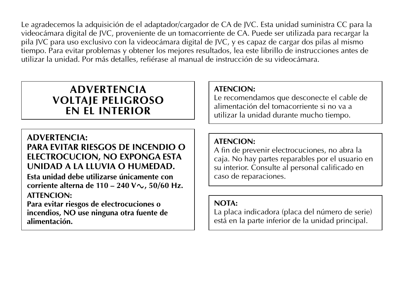 Advertencia voltaje peligroso en el interior | JVC AA-V80EG User Manual | Page 10 / 14