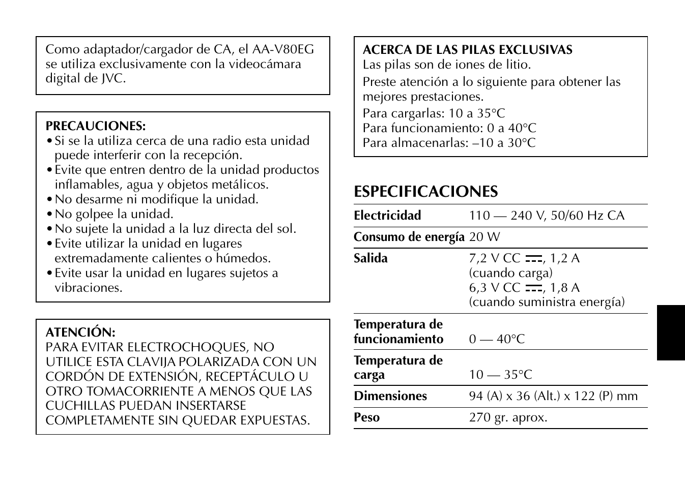Especificaciones | JVC AA-V80EG User Manual | Page 11 / 14