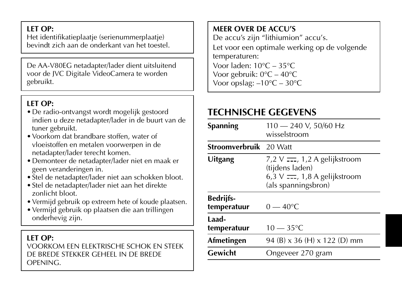 Technische gegevens | JVC AA-V80EG User Manual | Page 13 / 14