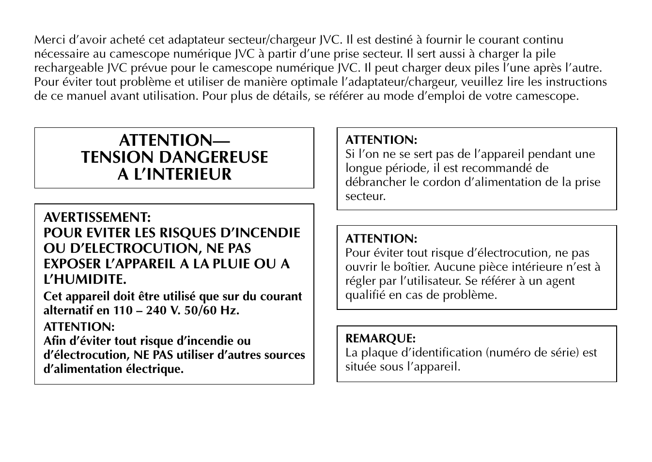 Attention— tension dangereuse a l’interieur | JVC AA-V80EG User Manual | Page 6 / 14