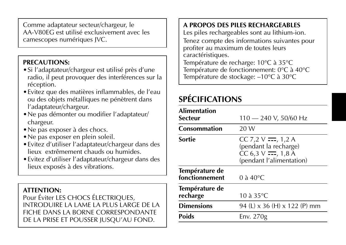 Spécifications | JVC AA-V80EG User Manual | Page 7 / 14