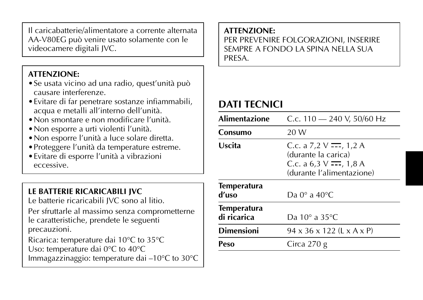 Dati tecnici | JVC AA-V80EG User Manual | Page 9 / 14