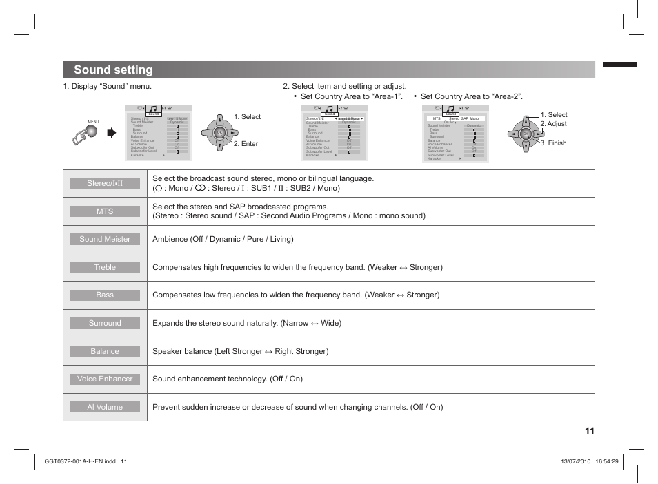 Sound setting, Stereo/i, Set country area to “area-2 | JVC GGT0372-001A-H User Manual | Page 11 / 20