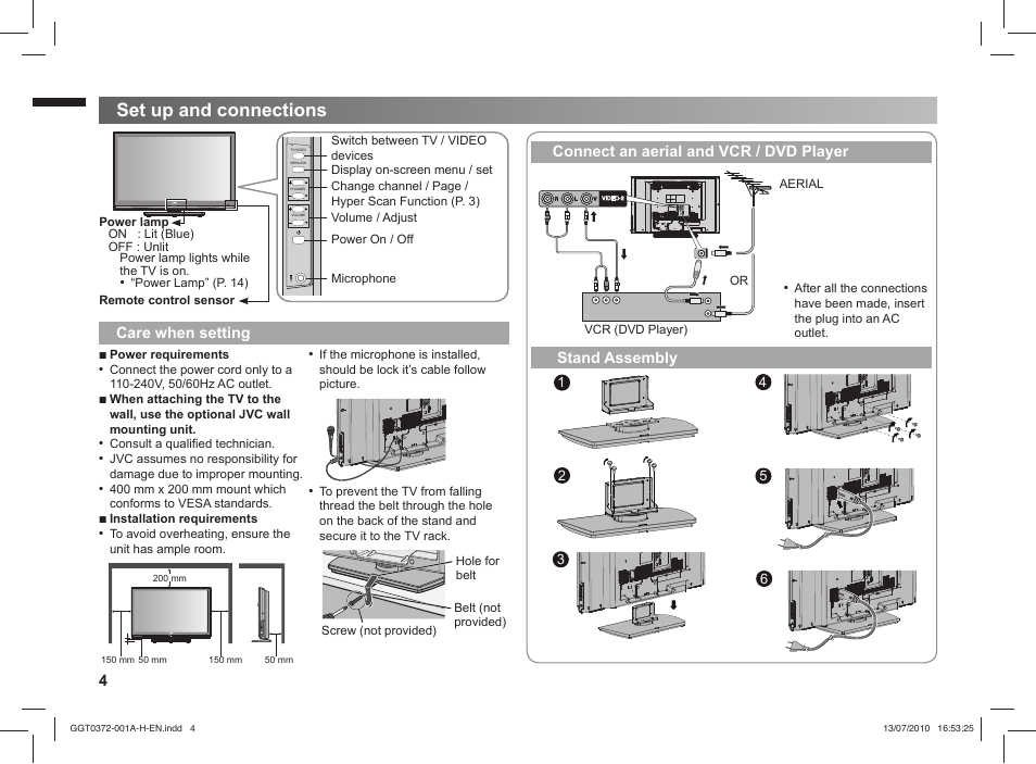 Set up and connections, Care when setting, Connect an aerial and vcr / dvd player | Stand assembly | JVC GGT0372-001A-H User Manual | Page 4 / 20