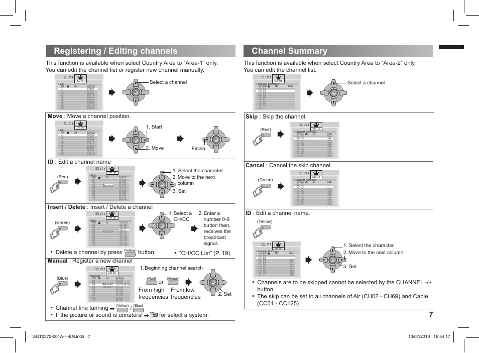 Registering / editing channels, Channel summary, Registering / editing channels channel summary | If the picture or sound is unnatural, Button, Ch/cc list” (p. 19), Select a channel, Select a ch/cc, Finish, Start 2. move | JVC GGT0372-001A-H User Manual | Page 7 / 20
