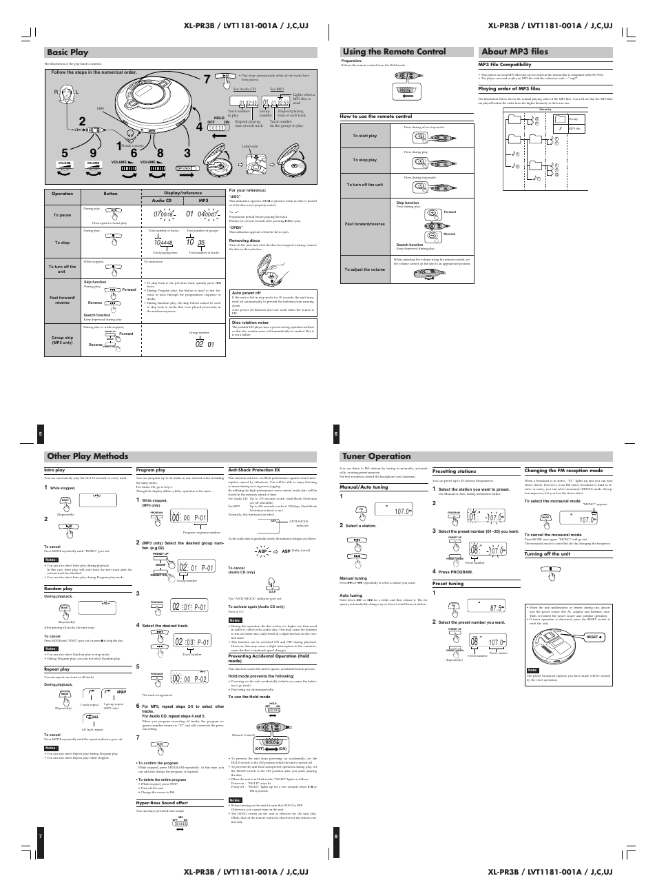 Basic play, 00 p-01, 01 p-01 | Other play methods, Tuner operation, Using the remote control, About mp3 files, 00 p-02 | JVC XL-PR3B User Manual | Page 2 / 2