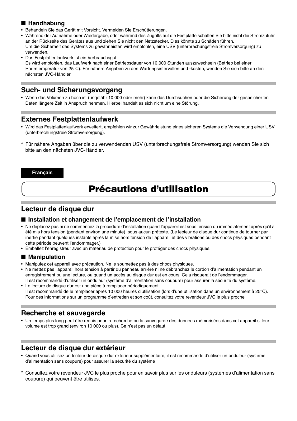 Précautions d’utilisation, Such- und sicherungsvorgang, Externes festplattenlaufwerk | Lecteur de disque dur, Recherche et sauvegarde, Lecteur de disque dur extérieur | JVC LST0580-001A User Manual | Page 2 / 4
