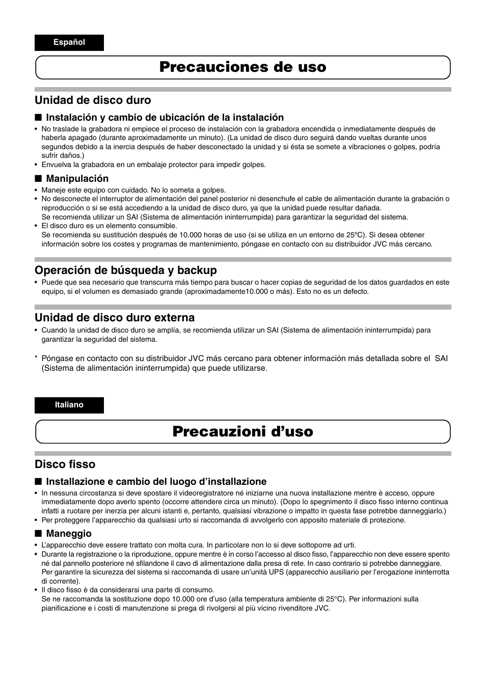 Precauciones de uso, Precauzioni d’uso, Unidad de disco duro | Operación de búsqueda y backup, Unidad de disco duro externa, Disco fisso | JVC LST0580-001A User Manual | Page 3 / 4