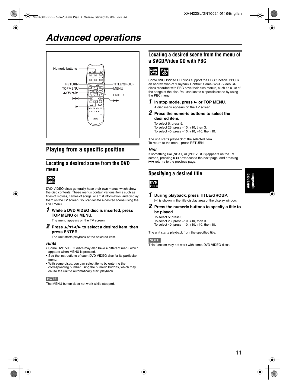 Advanced operations, Playing from a specific position, Locating a desired scene from the dvd menu | Specifying a desired title | JVC XV-N33SL User Manual | Page 13 / 35