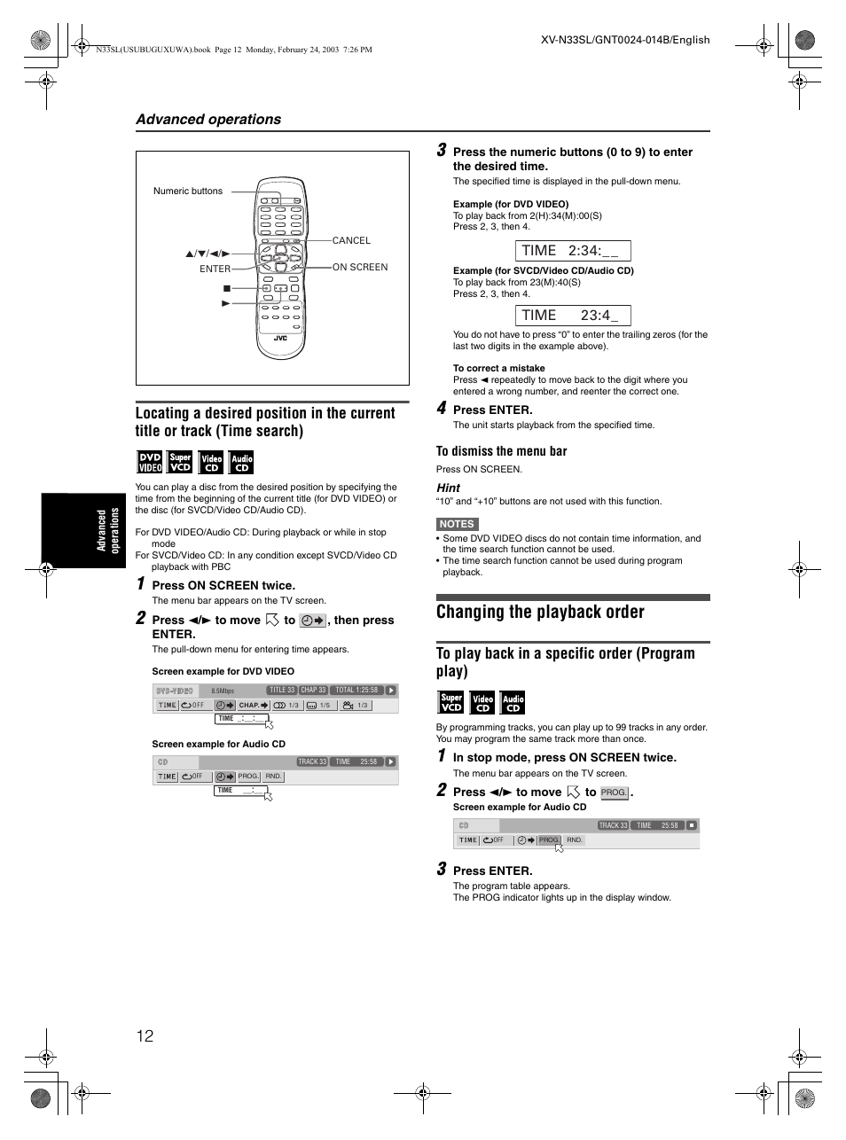 Changing the playback order, Advanced operations | JVC XV-N33SL User Manual | Page 14 / 35