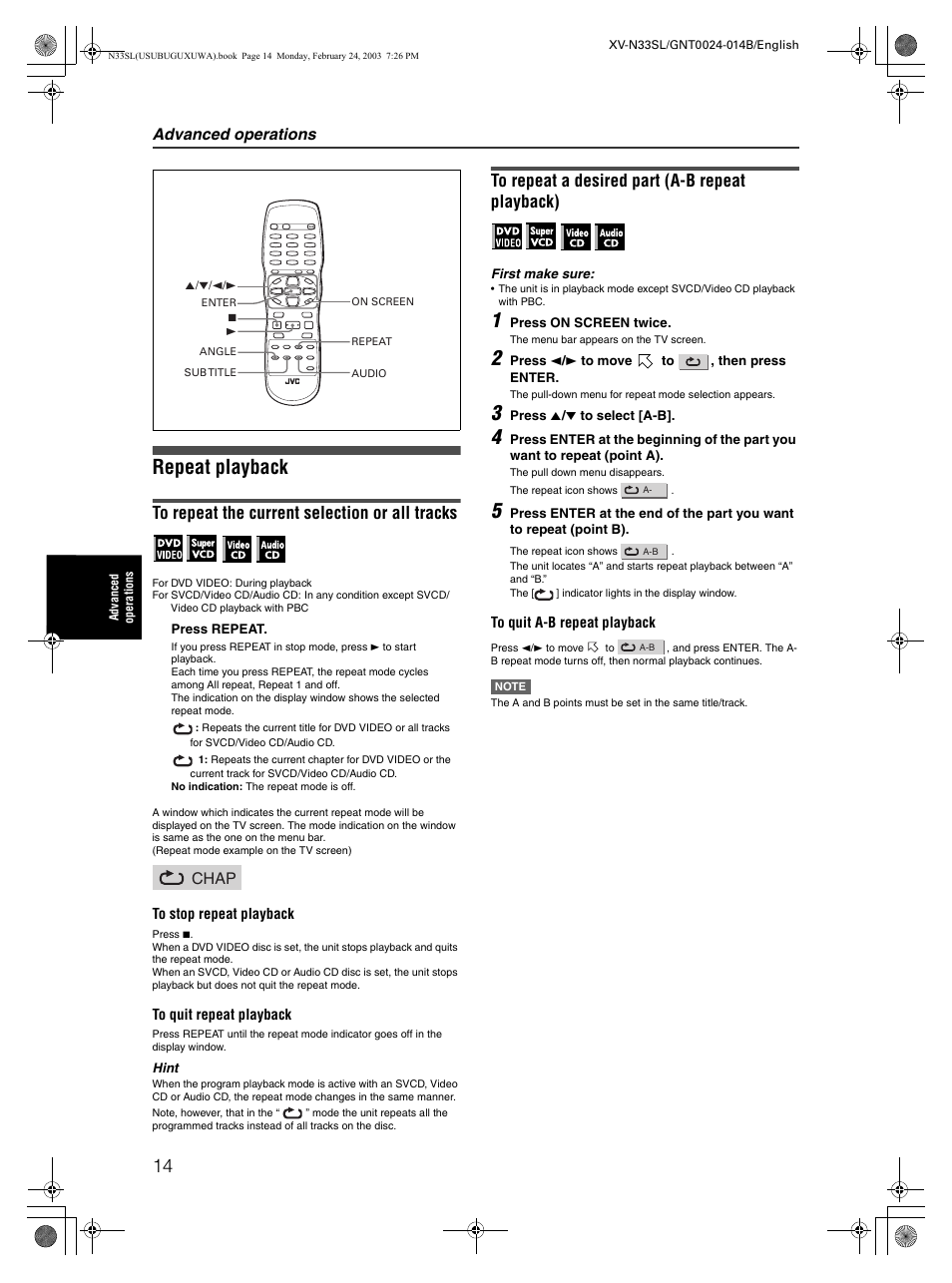 Repeat playback, Advanced operations, Chap | JVC XV-N33SL User Manual | Page 16 / 35