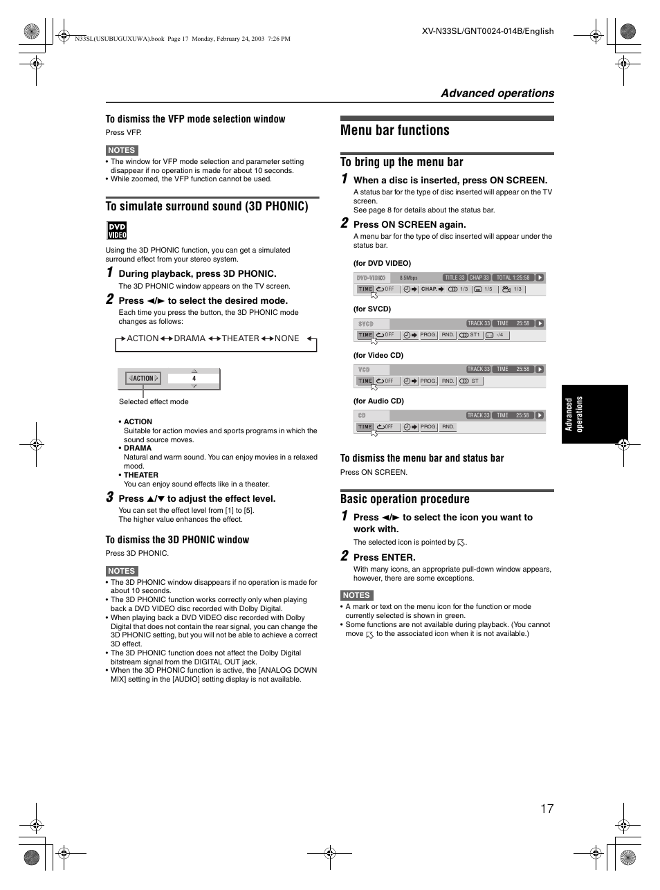 Menu bar functions, Basic operation procedure, Advanced operations | JVC XV-N33SL User Manual | Page 19 / 35