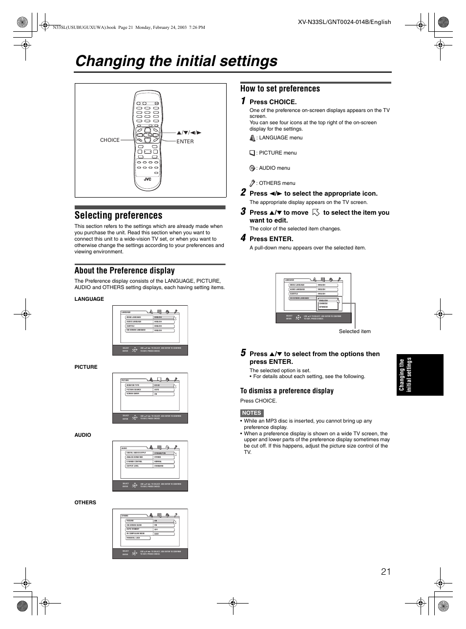 Changing the initial settings, Selecting preferences, About the preference display | How to set preferences, Press choice, Press 2 / 3 to select the appropriate icon, Press enter | JVC XV-N33SL User Manual | Page 23 / 35